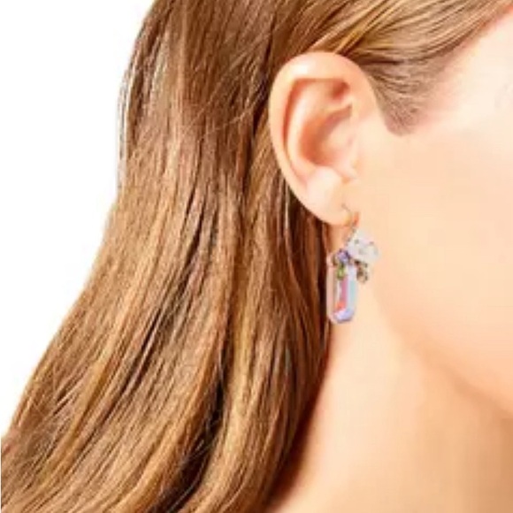 Betsey Johnson White Flower, Iridescent Gem, Rose Gold drop earrings, NWT - Picture 2 of 7